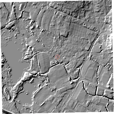 Shaded relief map of the ground around TQ123GA, computed from Environment Agency LiDAR. The ground here sits at about 3 m above sea level and falls 12 m across the surrounding 800 m. Surface water reaching this point runs off ground lying to the north, 10.1 m higher.