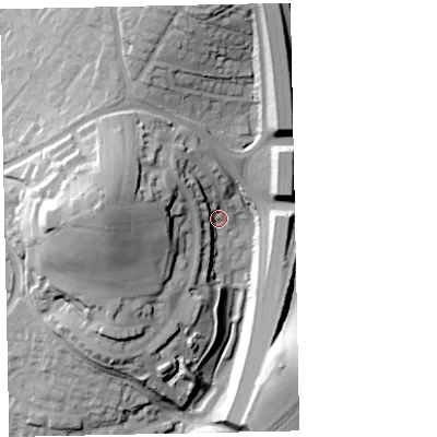 Shaded relief map of the ground around TQ123GF, computed from Environment Agency LiDAR. The ground here sits at about 13 m above sea level and falls 43 m across the surrounding 800 m. Surface water reaching this point runs off ground lying to the west-north-west, 13.7 m higher.