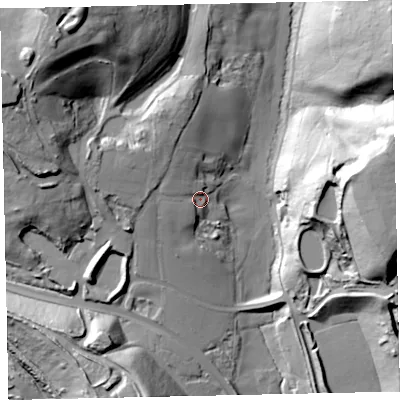 Shaded relief map of the ground around TQ123GP, computed from Environment Agency LiDAR. The ground here sits at about 37 m above sea level and falls 62 m across the surrounding 800 m. Surface water reaching this point runs off ground lying to the north-west, 11.3 m higher.