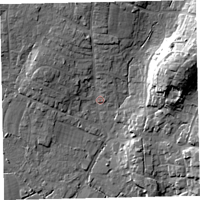 Shaded relief map of the ground around TQ123HB, computed from Environment Agency LiDAR. The ground here sits at about 7 m above sea level and falls 29 m across the surrounding 800 m. Surface water reaching this point runs off ground lying to the north, 11.3 m higher.