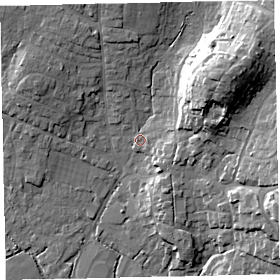 Shaded relief map of the ground around TQ123HD, computed from Environment Agency LiDAR. The ground here sits at about 7 m above sea level and falls 29 m across the surrounding 800 m. Surface water reaching this point runs off ground lying to the north-east, 24.7 m higher.
