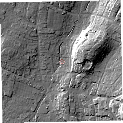Shaded relief map of the ground around TQ123HE, computed from Environment Agency LiDAR. The ground here sits at about 8 m above sea level and falls 34 m across the surrounding 800 m. Surface water reaching this point runs off ground lying to the north-east, 28.9 m higher.