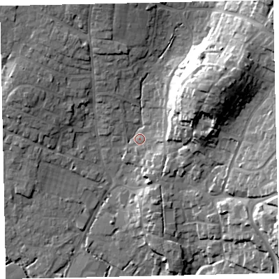 Shaded relief map of the ground around TQ123HF, computed from Environment Agency LiDAR. The ground here sits at about 8 m above sea level and falls 30 m across the surrounding 800 m. Surface water reaching this point runs off ground lying to the north-east, 25.5 m higher.