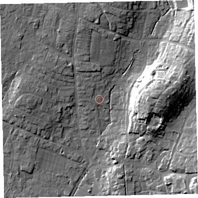 Shaded relief map of the ground around TQ123HG, computed from Environment Agency LiDAR. The ground here sits at about 10 m above sea level and falls 28 m across the surrounding 800 m. Surface water reaching this point runs off ground lying to the north-north-west, 4.9 m higher.