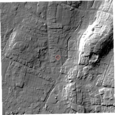 Shaded relief map of the ground around TQ123HQ, computed from Environment Agency LiDAR. The ground here sits at about 8 m above sea level and falls 29 m across the surrounding 800 m. Surface water reaching this point runs off ground lying to the north-north-west, 2.4 m higher.