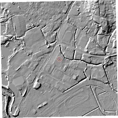 Shaded relief map of the ground around TQ123HS, computed from Environment Agency LiDAR. The ground here sits at about 3 m above sea level and falls 13 m across the surrounding 800 m. The ground contributing surface water to this point lies to the north-west.