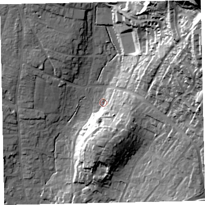 Shaded relief map of the ground around TQ123HT, computed from Environment Agency LiDAR. The ground here sits at about 13 m above sea level and falls 63 m across the surrounding 800 m. Surface water reaching this point runs off ground lying to the south-south-east, 19.0 m higher.