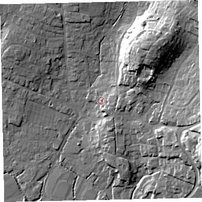 Shaded relief map of the ground around TQ123LD, computed from Environment Agency LiDAR. The ground here sits at about 9 m above sea level and falls 29 m across the surrounding 800 m. Surface water reaching this point runs off ground lying to the east, 4.5 m higher.