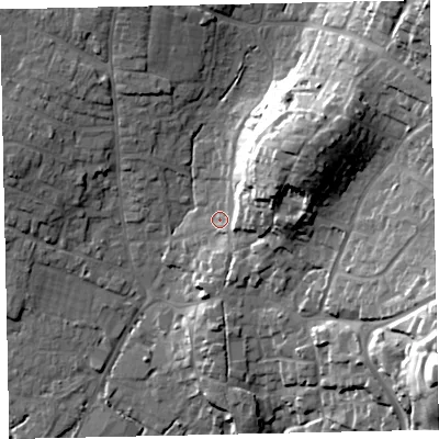 Shaded relief map of the ground around TQ123LE, computed from Environment Agency LiDAR. The ground here sits at about 9 m above sea level and falls 40 m across the surrounding 800 m. Surface water reaching this point runs off ground lying to the east-north-east, 11.7 m higher.