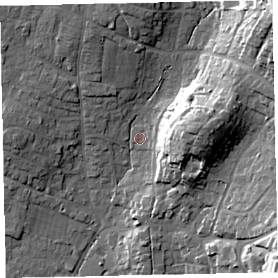 Shaded relief map of the ground around TQ123LG, computed from Environment Agency LiDAR. The ground here sits at about 9 m above sea level and falls 36 m across the surrounding 800 m. Surface water reaching this point runs off ground lying to the east, 22.5 m higher.