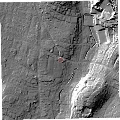 Shaded relief map of the ground around TQ123LH, computed from Environment Agency LiDAR. The ground here sits at about 16 m above sea level and falls 49 m across the surrounding 800 m. Surface water reaching this point runs off ground lying to the north-north-east, 6.5 m higher.