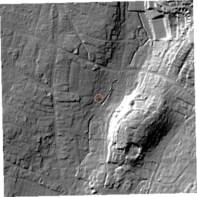 Shaded relief map of the ground around TQ123LJ, computed from Environment Agency LiDAR. The ground here sits at about 11 m above sea level and falls 40 m across the surrounding 800 m. Surface water reaching this point runs off ground lying to the north-north-west, 5.9 m higher.