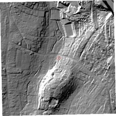 Shaded relief map of the ground around TQ123LN, computed from Environment Agency LiDAR. The ground here sits at about 14 m above sea level and falls 63 m across the surrounding 800 m. Surface water reaching this point runs off ground lying to the north-east, 54.5 m higher.