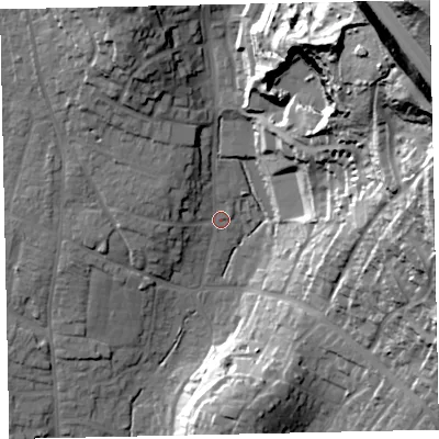 Shaded relief map of the ground around TQ123LP, computed from Environment Agency LiDAR. The ground here sits at about 15 m above sea level and falls 71 m across the surrounding 800 m. Surface water reaching this point runs off ground lying to the north-east, 52.8 m higher.