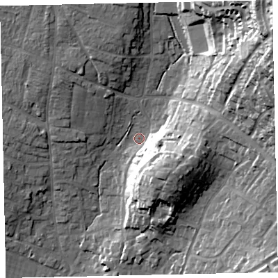 Shaded relief map of the ground around TQ123LQ, computed from Environment Agency LiDAR. The ground here sits at about 11 m above sea level and falls 49 m across the surrounding 800 m. Surface water reaching this point runs off ground lying to the north-east, 43.2 m higher.