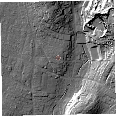 Shaded relief map of the ground around TQ123LR, computed from Environment Agency LiDAR. The ground here sits at about 20 m above sea level and falls 57 m across the surrounding 800 m. Surface water reaching this point runs off ground lying to the north-north-east, 2.1 m higher.