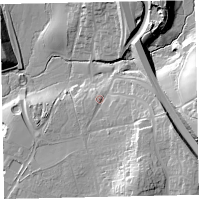 Shaded relief map of the ground around TQ123NP, computed from Environment Agency LiDAR. The ground here sits at about 25 m above sea level and falls 39 m across the surrounding 800 m. Surface water reaching this point runs off ground lying to the east-south-east, 5.1 m higher.