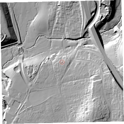 Shaded relief map of the ground around TQ123PD, computed from Environment Agency LiDAR. The ground here sits at about 25 m above sea level and falls 33 m across the surrounding 800 m. Surface water reaching this point runs off ground lying to the south-east, 3.1 m higher.