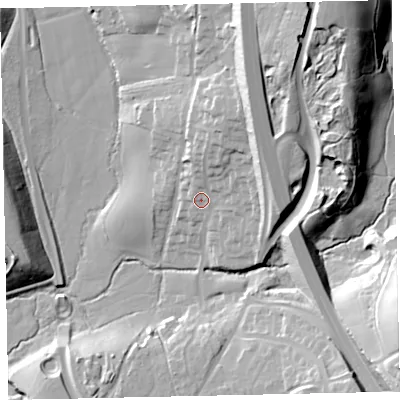 Shaded relief map of the ground around TQ123PE, computed from Environment Agency LiDAR. The ground here sits at about 23 m above sea level and falls 44 m across the surrounding 800 m. Surface water reaching this point runs off ground lying to the north-north-east, 17.3 m higher.