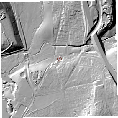 Shaded relief map of the ground around TQ123PL, computed from Environment Agency LiDAR. The ground here sits at about 17 m above sea level and falls 36 m across the surrounding 800 m. Surface water reaching this point runs off ground lying to the north-east, 29.8 m higher.
