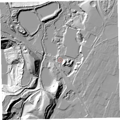 Shaded relief map of the ground around TQ123PW, computed from Environment Agency LiDAR. The ground here sits at about 12 m above sea level and falls 49 m across the surrounding 800 m. Surface water reaching this point runs off ground lying to the east-south-east, 7.8 m higher.