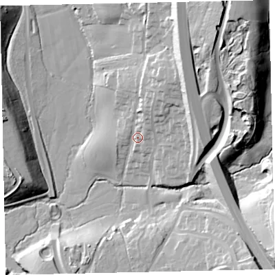 Shaded relief map of the ground around TQ123PY, computed from Environment Agency LiDAR. The ground here sits at about 22 m above sea level and falls 45 m across the surrounding 800 m. Surface water reaching this point runs off ground lying to the north-north-east, 13.2 m higher.