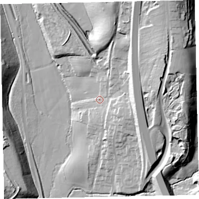 Shaded relief map of the ground around TQ123PZ, computed from Environment Agency LiDAR. The ground here sits at about 25 m above sea level and falls 50 m across the surrounding 800 m. Surface water reaching this point runs off ground lying to the north-east, 23.2 m higher.