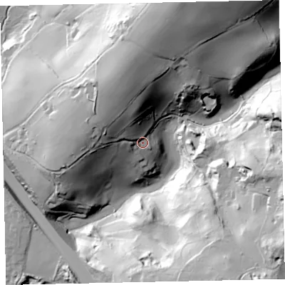 Shaded relief map of the ground around TQ123QE, computed from Environment Agency LiDAR. The ground here sits at about 52 m above sea level and falls 80 m across the surrounding 800 m. Surface water reaching this point runs off ground lying to the north-west, 26.5 m higher.