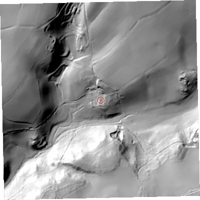 Shaded relief map of the ground around TQ123QF, computed from Environment Agency LiDAR. The ground here sits at about 70 m above sea level and falls 69 m across the surrounding 800 m. Surface water reaching this point runs off ground lying to the north-north-east, 16.9 m higher.