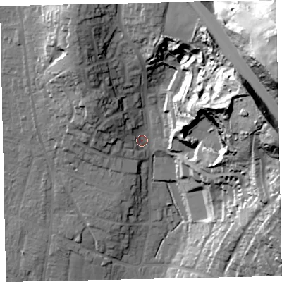 Shaded relief map of the ground around TQ123QG, computed from Environment Agency LiDAR. The ground here sits at about 20 m above sea level and falls 67 m across the surrounding 800 m. Surface water reaching this point runs off ground lying to the north-north-west, 23.6 m higher.