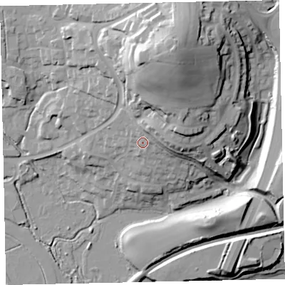 Shaded relief map of the ground around TQ123QH, computed from Environment Agency LiDAR. The ground here sits at about 16 m above sea level and falls 46 m across the surrounding 800 m. Surface water reaching this point runs off ground lying to the east-north-east, 9.8 m higher.