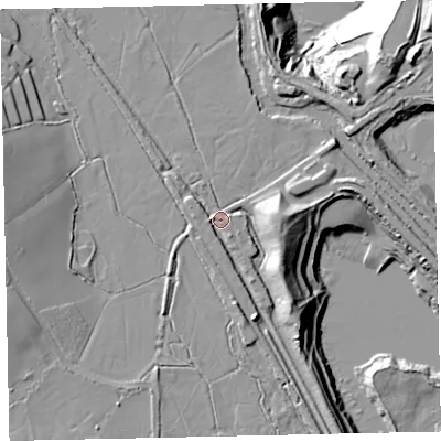 Shaded relief map of the ground around TQ123QJ, computed from Environment Agency LiDAR. The ground here sits at about 5 m above sea level and falls 27 m across the surrounding 800 m. Surface water reaching this point runs off ground lying to the east, 11.1 m higher.