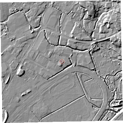 Shaded relief map of the ground around TQ123RS, computed from Environment Agency LiDAR. The ground here sits at about 3 m above sea level and falls 17 m across the surrounding 800 m. Surface water reaching this point runs off ground lying to the north-west, 1.1 m higher.