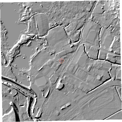 Shaded relief map of the ground around TQ123RZ, computed from Environment Agency LiDAR. The ground here sits at about 3 m above sea level and falls 11 m across the surrounding 800 m. Surface water reaching this point runs off ground lying to the south, 3.0 m higher.