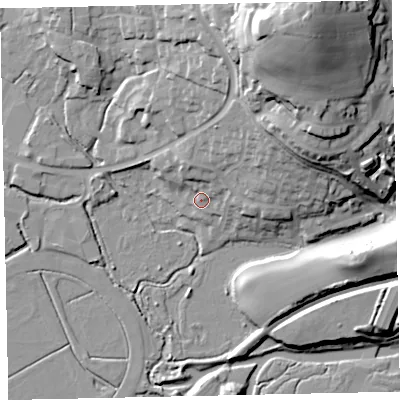 Shaded relief map of the ground around TQ123SA, computed from Environment Agency LiDAR. The ground here sits at about 6 m above sea level and falls 46 m across the surrounding 800 m. Surface water reaching this point runs off ground lying to the north-north-east, 40.9 m higher.