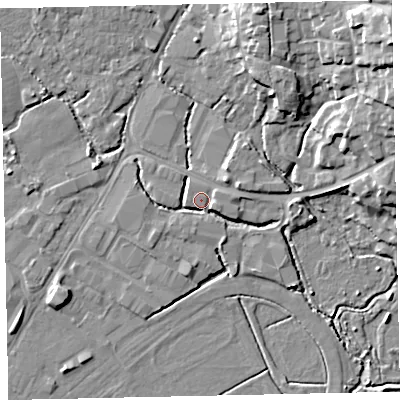 Shaded relief map of the ground around TQ123SB, computed from Environment Agency LiDAR. The ground here sits at about 3 m above sea level and falls 20 m across the surrounding 800 m. Surface water reaching this point runs off ground lying to the north-north-west, 2.2 m higher.