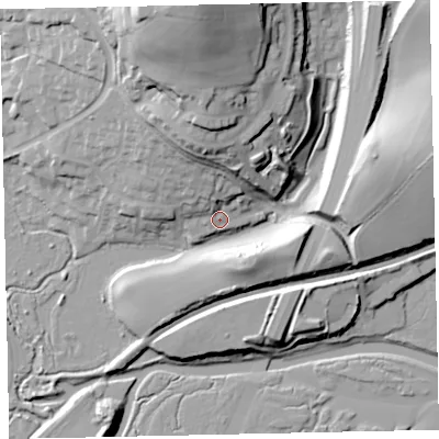 Shaded relief map of the ground around TQ123SF, computed from Environment Agency LiDAR. The ground here sits at about 7 m above sea level and falls 46 m across the surrounding 800 m. Surface water reaching this point runs off ground lying to the north, 8.2 m higher.