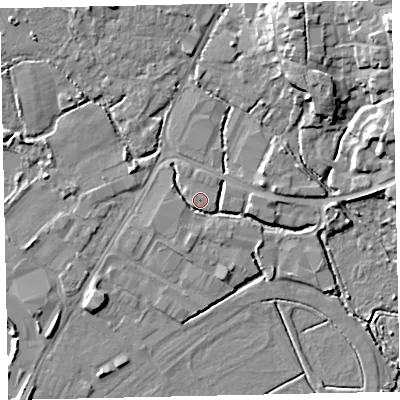 Shaded relief map of the ground around TQ123SH, computed from Environment Agency LiDAR. The ground here sits at about 3 m above sea level and falls 16 m across the surrounding 800 m. Surface water reaching this point runs off ground lying to the east, 2.4 m higher.