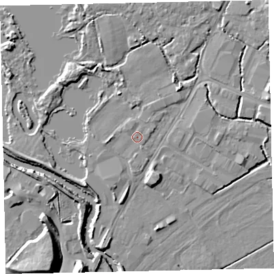 Shaded relief map of the ground around TQ123SJ, computed from Environment Agency LiDAR. The ground here sits at about 3 m above sea level and falls 13 m across the surrounding 800 m. Surface water reaching this point runs off ground lying to the south-west, 1.6 m higher.