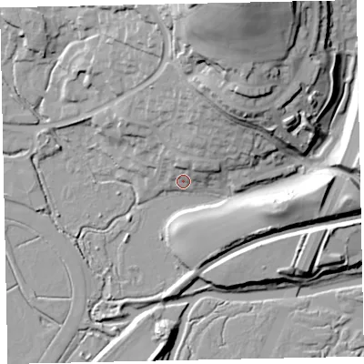 Shaded relief map of the ground around TQ123SL, computed from Environment Agency LiDAR. The ground here sits at about 4 m above sea level and falls 45 m across the surrounding 800 m. Surface water reaching this point runs off ground lying to the north-north-east, 7.5 m higher.