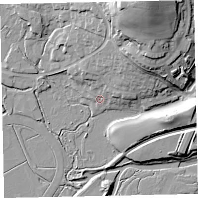 Shaded relief map of the ground around TQ123SN, computed from Environment Agency LiDAR. The ground here sits at about 4 m above sea level and falls 46 m across the surrounding 800 m. Surface water reaching this point runs off ground lying to the north-north-east, 40.4 m higher.