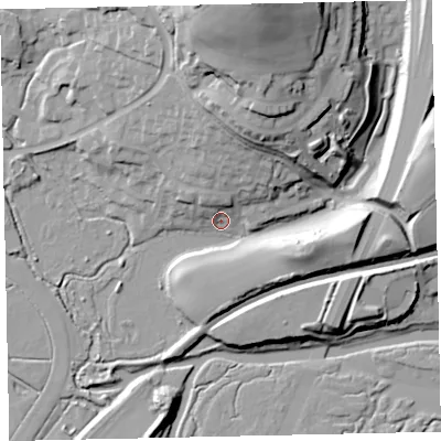Shaded relief map of the ground around TQ123SQ, computed from Environment Agency LiDAR. The ground here sits at about 4 m above sea level and falls 44 m across the surrounding 800 m. Surface water reaching this point runs off ground lying to the north-north-west, 8.0 m higher.