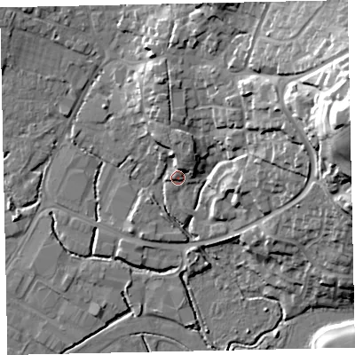 Shaded relief map of the ground around TQ123ST, computed from Environment Agency LiDAR. The ground here sits at about 5 m above sea level and falls 42 m across the surrounding 800 m. Surface water reaching this point runs off ground lying to the north-north-east, 6.8 m higher.
