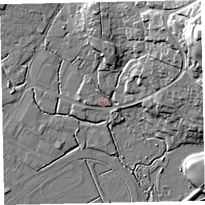 Shaded relief map of the ground around TQ123TD, computed from Environment Agency LiDAR. The ground here sits at about 4 m above sea level and falls 41 m across the surrounding 800 m. Surface water reaching this point runs off ground lying to the east-south-east, 3.8 m higher.