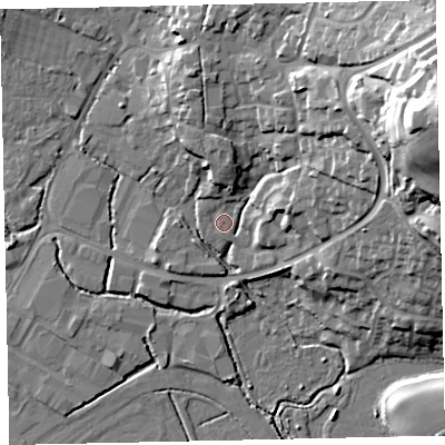 Shaded relief map of the ground around TQ123UA, computed from Environment Agency LiDAR. The ground here sits at about 4 m above sea level and falls 43 m across the surrounding 800 m. Surface water reaching this point runs off ground lying to the north, 7.5 m higher.