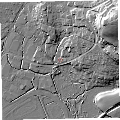 Shaded relief map of the ground around TQ123UB, computed from Environment Agency LiDAR. The ground here sits at about 4 m above sea level and falls 46 m across the surrounding 800 m. Surface water reaching this point runs off ground lying to the north-east, 14.4 m higher.