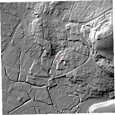 Shaded relief map of the ground around TQ123UD, computed from Environment Agency LiDAR. The ground here sits at about 7 m above sea level and falls 46 m across the surrounding 800 m. Surface water reaching this point runs off ground lying to the east-north-east, 42.0 m higher.