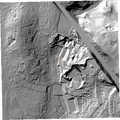Shaded relief map of the ground around TQ123YX, computed from Environment Agency LiDAR. The ground here sits at about 25 m above sea level and falls 73 m across the surrounding 800 m. Surface water reaching this point runs off ground lying to the east, 42.6 m higher.