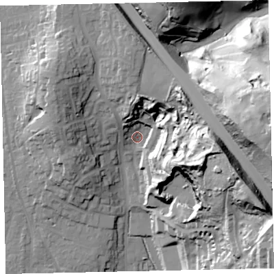Shaded relief map of the ground around TQ123YY, computed from Environment Agency LiDAR. The ground here sits at about 23 m above sea level and falls 70 m across the surrounding 800 m. Surface water reaching this point runs off ground lying to the east, 38.5 m higher.