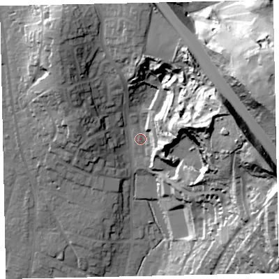 Shaded relief map of the ground around TQ123YZ, computed from Environment Agency LiDAR. The ground here sits at about 21 m above sea level and falls 72 m across the surrounding 800 m. Surface water reaching this point runs off ground lying to the north-west, 23.0 m higher.